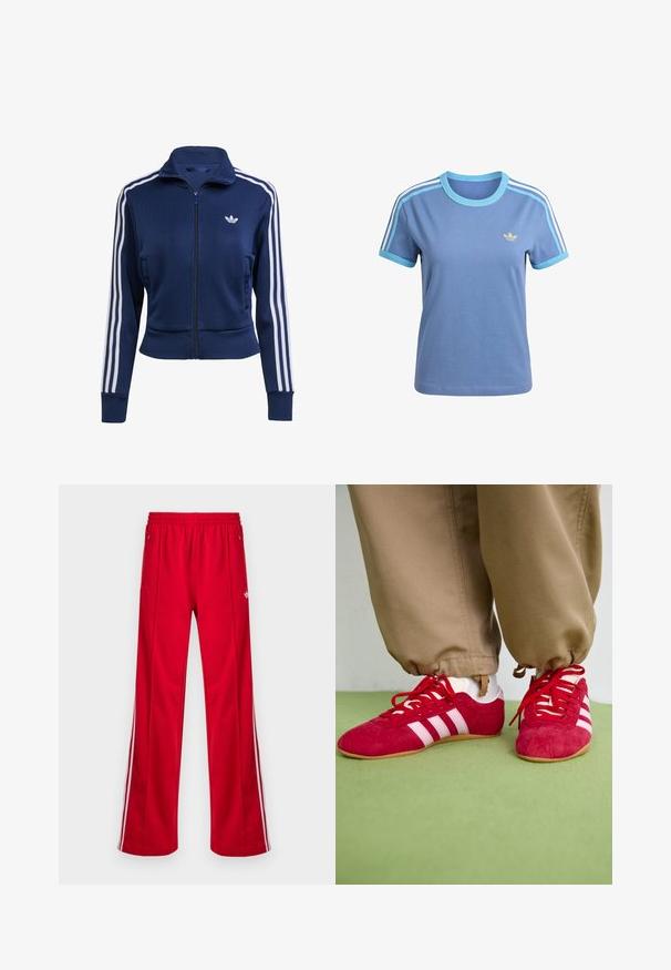 Marineblauwe jas met rits, gemaakt van gestructureerde stof. Voorzien van witte strepen langs de mouwen en een klein logo op de borst. Strak aansluitend ontwerp.; Blauw katoenen T-shirt met lichtblauwe accenten, korte mouwen, een ronde halslijn en drie witte strepen op de schouders; met een gouden logo.; Rode sportieve broek met een losse pasvorm, elastische tailleband, twee zijzakken en witte zijstrepen. Gemaakt van glad, synthetisch materiaal.; Rode suède sportschoenen met witte strepen, vlakke rubberen zool en rode veters. Draag met beige broeken, gepositioneerd op een groene ondergrond.