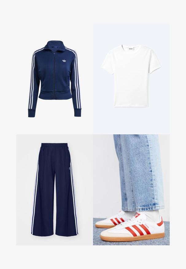 Marineblaue Jacke mit Reißverschluss aus strukturiertem Stoff. Verfügt über weiße Streifen entlang der Ärmel und ein kleines Logo auf der Brust. Eng anliegendes Design.; Einfaches weißes T-Shirt mit kurzen Ärmeln und Rundhalsausschnitt sowie kleinem "WEEKDAY"-Etikett im Nacken, flach auf einem hellen Hintergrund präsentiert.; adidas Originals PANT - Jogginghose - night indigo; Weiße Leder Sneaker mit roten Streifen und Akzenten. Verfügt über eine strukturierte Gummi-Laufsohle und einen gepolsterten Schaft. Tragen mit hellblauer Jeans.