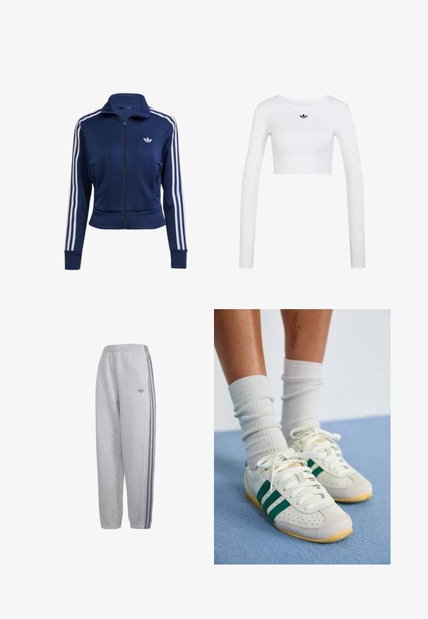 Marineblå lynlåstrøje lavet af struktureret stof. Har hvide striber langs ærmerne og en lille logo på brystet. Tætsiddende design.; Hvid langærmet cropped top med rund halsudskæring og lille sort Adidas-logo centreret under halsudskæringen.; Lysegrå Adidas træningsbukser med elastisk talje og manchetter, med tre lilla sidestreger og et lille Adidas trefoil-logo på låret.; Fødder iført hvide sneakers med grønne striber og hvide ribstrikkede sokker, der står på et lyseblåt tæppe.