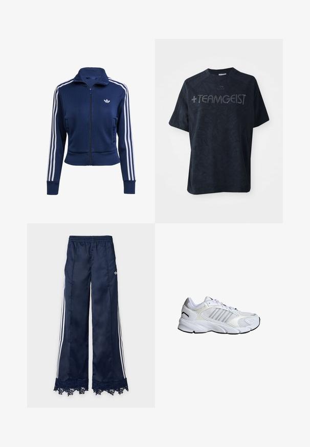 Chaqueta azul marino con cremallera hecha de tela texturizada. Presenta rayas blancas a lo largo de las mangas y un pequeño logo en el pecho. Diseño ajustado.; Camiseta negra de manga corta hecha de una tela suave, con un patrón texturizado y adornada con piedras brillantes que dicen "+TEAMGEIST."; Pantalones deportivos de pierna ancha azul marino con rayas laterales blancas, cintura elástica, logo de adidas en la cadera y detalle de encaje en el dobladillo.; Zapato deportivo blanco con malla transpirable y materiales sintéticos, tres franjas plateadas, suela de caucho texturizada y cuello acolchado.