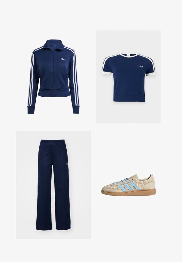 Chaqueta azul marino con cremallera hecha de tela texturizada. Presenta rayas blancas a lo largo de las mangas y un pequeño logo en el pecho. Diseño ajustado.; Camisa azul marino de manga corta con ribete blanco en el cuello y las mangas, franjas blancas en los hombros y un pequeño logo blanco de Adidas en el pecho.; Pantalones de chándal de mezcla de algodón en color marino con diseño de pierna ancha, cinturilla elástica y bolsillos con cremallera, con franjas laterales blancas y detalle de logotipo.; Zapatilla beige con parte superior de punto texturizado, rayas azul claro y suela de goma marrón. Presenta cordones redondos y detalle de logo en el lateral.