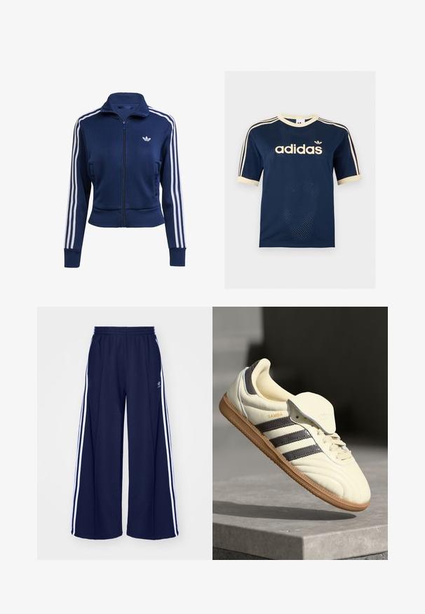 Chaqueta azul marino con cremallera hecha de tela texturizada. Presenta rayas blancas a lo largo de las mangas y un pequeño logo en el pecho. Diseño ajustado.; Camiseta de manga corta de malla azul marino de Adidas con ribete crema, tres rayas crema en las mangas y logo de Adidas en el pecho.; adidas Originals PANT - Pantalones deportivos - night indigo; Zapatilla de cuero crema con tres rayas oscuras, suela de goma marrón y punta redondeada. Cuenta con una lengüeta plegable etiquetada como "SAMBA".