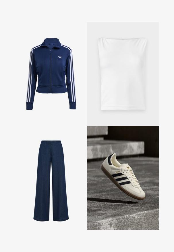 Chaqueta azul marino con cremallera hecha de tela texturizada. Presenta rayas blancas a lo largo de las mangas y un pequeño logo en el pecho. Diseño ajustado.; Top blanco sin mangas con escote recto, hecho de una tela suave, que presenta una silueta ajustada y sin hardware ni patrones visibles.; Jeans de pierna ancha de color azul oscuro con corte recto, hechos de denim. Presentan una cintura alta y un sutil detalle de costura. Sin hardware visible.; Zapatilla blanca Adidas Samba con franjas negras y suela de goma, flotando sobre escalones de hormigón gris texturizado.
