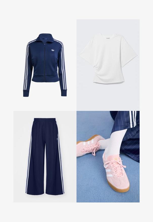 Chaqueta azul marino con cremallera hecha de tela texturizada. Presenta rayas blancas a lo largo de las mangas y un pequeño logo en el pecho. Diseño ajustado.; Camiseta blanca oversized de manga corta con cuello redondo mostrada sobre un fondo gris claro.; adidas Originals PANT - Pantalones deportivos - night indigo; Zapatillas de suéd de color rosa claro con rayas y cordones blancos, que presentan una lengüeta texturada y una suela de goma, colocadas sobre una alfombra azul.