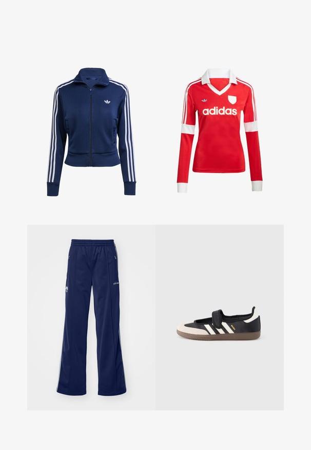 Marineblauwe jas met rits, gemaakt van gestructureerde stof. Voorzien van witte strepen langs de mouwen en een klein logo op de borst. Strak aansluitend ontwerp.; Rode lange mouwen voetbalshirt met een witte kraag en manchetten. Heeft drie witte strepen op de schouders en het "adidas" logo prominent weergegeven.; Marineblauwe sportbroek met een elastische tailleband, zijzakken met rits en zilveren accenten. Voorzien van een logo op de bovenbeen en wijde pijpen.; Zwart-beige sneaker met een klittenbandsluiting, drie witte strepen aan de zijkant en een getextureerde bruine rubberen zool. Merkembleem zichtbaar.