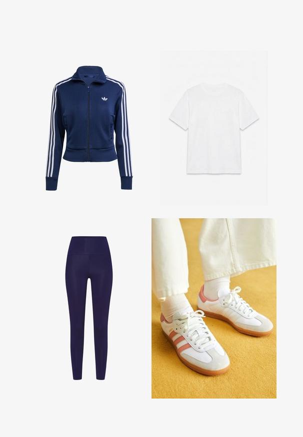 Marineblauwe jas met rits, gemaakt van gestructureerde stof. Voorzien van witte strepen langs de mouwen en een klein logo op de borst. Strak aansluitend ontwerp.; Effend wit T-shirt met korte mouwen en ronde hals, plat gelegd op een witte achtergrond.; Navy blauwe leggings met een hoge tailleband, gemaakt van een gladde, rekbare stof. Het ontwerp heeft een aansluitende pasvorm zonder patronen.; Witte sportschoenen met roze accenten, gemaakt van suede en leer, met een ronde neus en een rubberen zool, weergegeven met lichtgekleurde sokken op een gele achtergrond.