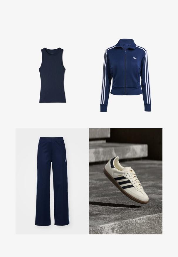 Marineblå lynlåstrøje lavet af struktureret stof. Har hvide striber langs ærmerne og en lille logo på brystet. Tætsiddende design.; Navyblå ærmeløs ribstrikket tanktop med rund halsudskæring, figursyet og uden synlige mønstre eller logoer.; Marineblå bomuldsblandede træningsbukser med bred benstil, elastisk talje og lynlåslommer, prydet med hvide sideordner og logo-detalje.; Hvid Adidas Samba sneaker med sorte striber og gummsål, svævende over teksturerede grå betonstrin.