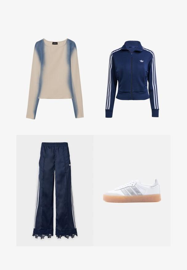 Chaqueta azul marino con cremallera hecha de tela texturizada. Presenta rayas blancas a lo largo de las mangas y un pequeño logo en el pecho. Diseño ajustado.; Camiseta de manga larga en color beige claro, con un diseño en degradado azul. Textura suave, con cuello redondo y línea de dobladillo recta.; Pantalones deportivos de pierna ancha azul marino con rayas laterales blancas, cintura elástica, logo de adidas en la cadera y detalle de encaje en el dobladillo.; Zapatilla blanca de perfil bajo con suela de goma, acentos laterales plateados a rayas y cierre de cordones, mostrada sobre un fondo claro y liso.