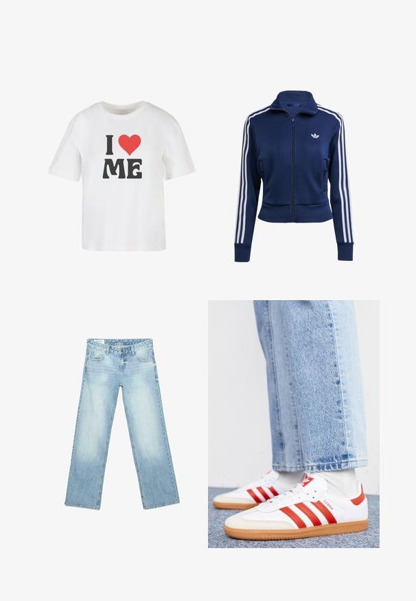 Marineblaue Jacke mit Reißverschluss aus strukturiertem Stoff. Verfügt über weiße Streifen entlang der Ärmel und ein kleines Logo auf der Brust. Eng anliegendes Design.; Weißes Baumwoll-T-Shirt mit kurzen Ärmeln, das in fetter schwarzer Schrift "I," ein rotes Herz und "ME" in einer informellen Schriftart zeigt.; Hellblaue Jeans aus Denim mit geradem Bein, Eingrifftaschen vorne, Gürtelschlaufen und einem Knopfverschluss an der Taille.; Weiße Leder Sneaker mit roten Streifen und Akzenten. Verfügt über eine strukturierte Gummi-Laufsohle und einen gepolsterten Schaft. Tragen mit hellblauer Jeans.
