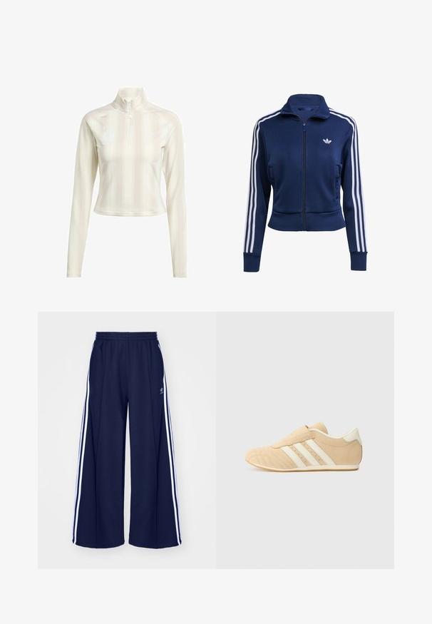 Chaqueta azul marino con cremallera hecha de tela texturizada. Presenta rayas blancas a lo largo de las mangas y un pequeño logo en el pecho. Diseño ajustado.; Sudadera blanca de manga larga con cremallera y cuello alto, que presenta sutiles rayas verticales y logotipos en el pecho y la manga. Textura de tela suave.; adidas Originals PANT - Pantalones deportivos - night indigo; Zapatillas deportivas en tono marrón y crema con un acabado de cuero suave, tres rayas blancas en el lateral y una puntera redondeada. Parte superior texturizada con perforaciones.