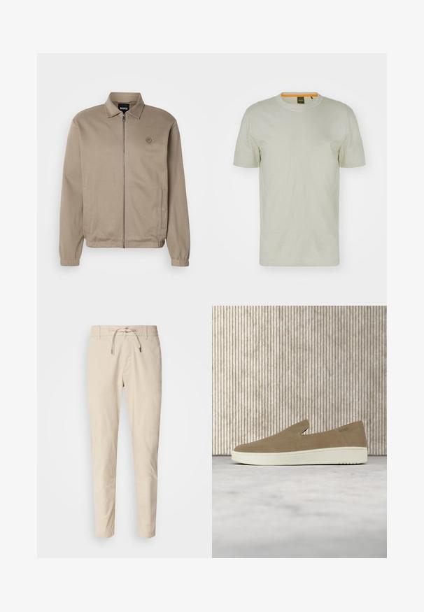 Beige ritssluitingjack met een kraag, elastische manchetten, zijzakken en een tonale logo op de linkerborst. Glad materiaal met een casual ontwerp.; Lichtgroene korte mouwen T-shirt van zachte stof, met een ronde hals en een subtiel logo op de voorkant. Eenvoudig ontwerp met minimale details.; Lichtbeige broeken met een gladde stoftextuur, elastische tailleband en verstelkoord. Tapered model. Geen zichtbare patronen.; Beige instapper met witte zool, zwevend in de lucht boven een licht tapijt met amberkleurig transparant meubilair op de achtergrond.