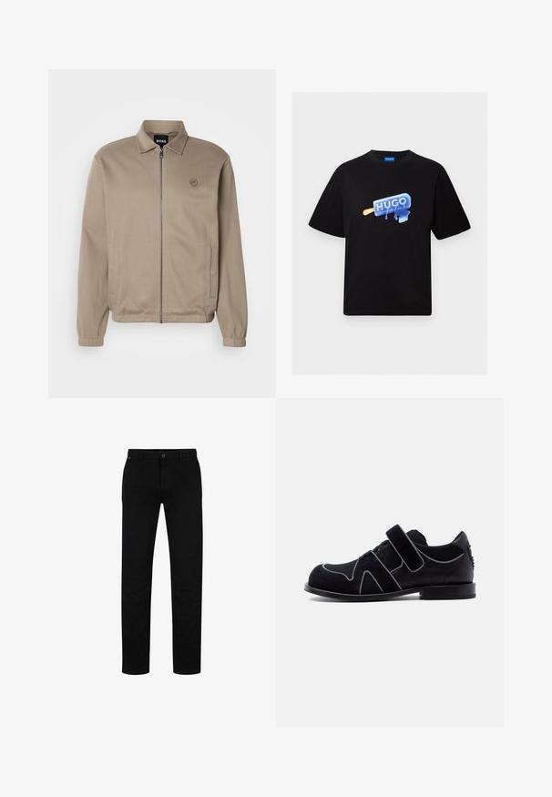 Beige lynlåsjakke med krave, elastiske manchetter, sidelommer og et tonalt logo på venstre bryst. Glat stof med et afslappet design.; Sort t-shirt med korte ærmer med en blå smeltende ispindsgrafik og teksten "HUGO" på fronten, med rund halsudskæring.; Sorte bomuldsbukser med lige pasform, der har knaplukning, bæltestropper og minimalistisk design. Glat tekstur, ingen mønstre.; Sort herresko til fest med velcrolukning, snøredetalje, ruskind- og lædermaterialer samt en lav hæl mod en ensfarvet hvid baggrund.