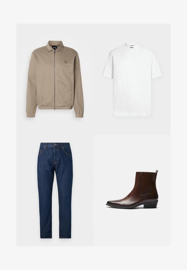 Beige lynlåsjakke med krave, elastiske manchetter, sidelommer og et tonalt logo på venstre bryst. Glat stof med et afslappet design.; Enkelt hvid T-shirt med korte ærmer, høj rund halsudskæring og "BOSS" printet i sort midt foran på kraven.; Straight-leg mørkeblå denim jeans med frontknap og lynlås lukning, bæltestropper og fem-lomme design på ensfarvet baggrund.; Brun læder ankelstøvle med spids tå, elastiske sidepaneler, tekstureret detaljer på fronten og en lav stablet hæl.