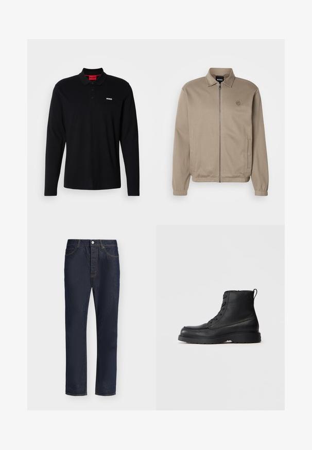 Chaqueta beige con cremallera, cuello, puños elásticos, bolsillos laterales y un logo tonal en el lado izquierdo del pecho. Tejido suave con un diseño casual.; Camisa polo negra de manga larga hecha de algodón, con un cuello rojo y una tapeta de tres botones, y un logo blanco "HUGO" en el pecho.; Vaqueros de mezclilla azul oscuro de corte recto, con cierre frontal de botón y cremallera, trabillas para el cinturón y bolsillos delanteros y traseros.; Botín de tobillo negro de cuero texturizado con cordones, suela gruesa y lengüeta en la parte trasera, vista lateral.