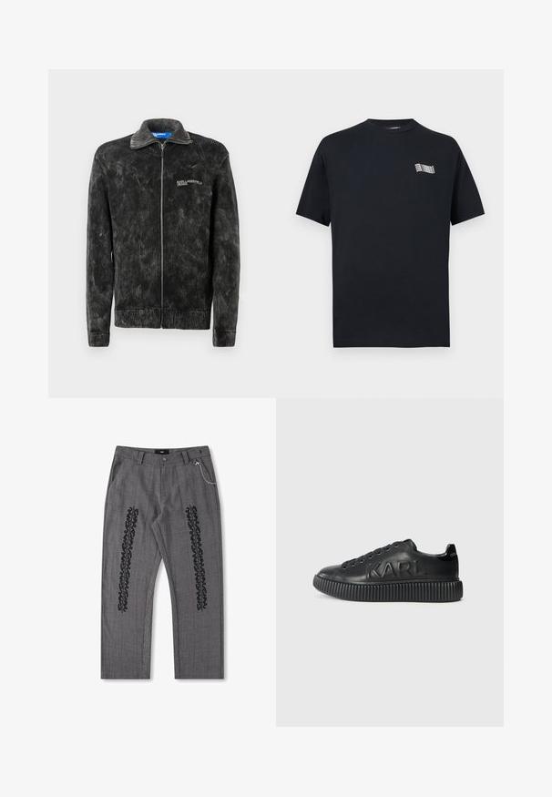 Schwarze Cordjacke mit gerippter Textur, Stehkragen und Frontreißverschluss; verfügt über das "Karl Lagerfeld Jeans"-Logo auf der Brust.; Schwarzes T-Shirt mit kurzen Ärmeln und Rundhalsausschnitt, mit kleinem, weiß aufgedrucktem "Karl Lagerfeld"-Logo auf der oberen linken Brust.; Grau karierte Hose mit schwarzem Textdetail an den Seiten, mit einer Kette als Akzent am Bund. Gerade Beinform, strukturiertes Material.; Schwarze Sneaker aus glattem Leder, ausgestattet mit einer dicken geriffelten Sohle und einem prägenden Markennamen. Klassisches Schnürdesign mit runden Ösen.