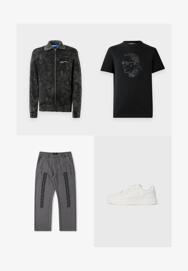 Sort fløjljakke med ribbet tekstur, stående krave og frontlynlås; har 'Karl Lagerfeld Jeans' logo på brystet.; Sort bomulds t-shirt med et geometrisk, reflekterende sort design af et ansigt med solbriller på forsiden. Har en rund halsudskæring.; Grå rutet bukser med sort tekstdetalje langs siderne, prydet med en kædeaccent i taljen. Bukserne har lige ben og er lavet af struktureret stof.; Hvid sneakers lavet af glat læder med teksturerede detaljer, udstyret med en rund tå, snørelukning fortil og en tyk sål med riller.