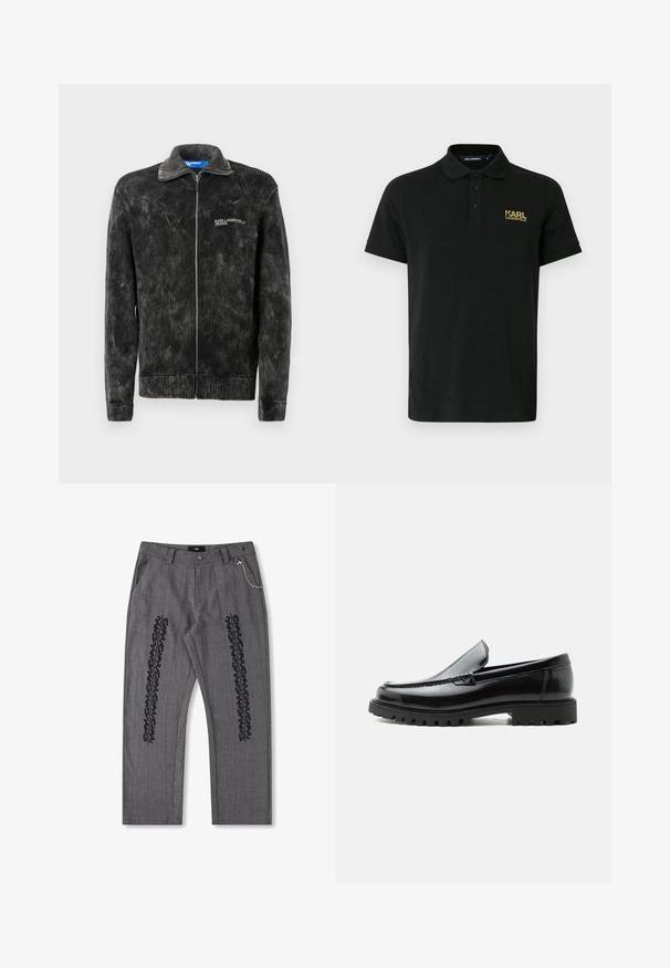 Sort fløjljakke med ribbet tekstur, stående krave og frontlynlås; har 'Karl Lagerfeld Jeans' logo på brystet.; Sort poloshirt lavet af bomuld med klassisk krave, tre knapper og gyldent "KARL LAGERFELD"-logo på venstre bryst. Korte ærmer.; Grå rutet bukser med sort tekstdetalje langs siderne, prydet med en kædeaccent i taljen. Bukserne har lige ben og er lavet af struktureret stof.; Sort læderloafer med chunky gummisål, syet overdel og præget mærkenavn på hælen, vist i sideprofil på hvid baggrund.