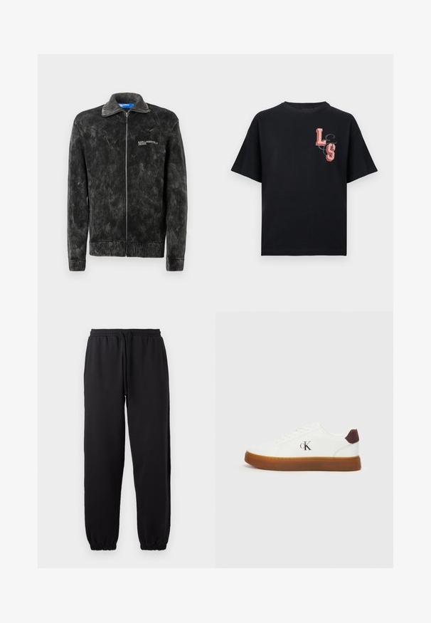 Chaqueta de pana negra con textura acanalada, cuello alzado y cremallera en el frente; presenta el logo de 'Karl Lagerfeld Jeans' en el pecho.; Camiseta negra de manga corta con letras "LS" en rojo y blanco en la parte superior izquierda del pecho, y un diseño sutil de remolinos negros detrás de las letras.; Pantalones jogger negros hechos de una tela suave, con cintura elástica y cordón ajustable, y dobladillos en los tobillos.; Zapatillas blancas con suela de goma, cordones planos y acento de talón de gamuza marrón. Presenta un discreto logo "cK" en relieve en el lateral.