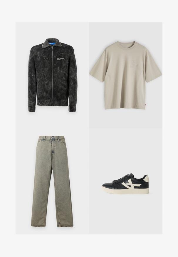 Veste en velours côtelé noir avec une texture côtelée, col montant et fermeture éclair à l'avant ; présente le logo 'Karl Lagerfeld Jeans' sur la poitrine.; T-shirt beige oversize en coton à manches courtes avec col rond et logo discret en relief sur la poitrine, présenté sur un fond neutre.; Jean en denim à jambes larges de couleur gris délavé, avec une fermeture à boutons et un design traditionnel à cinq poches avec des détails de couture visibles.; ALDO Baskets basses - black