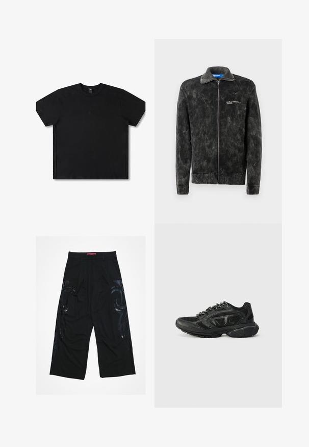 Sort fløjljakke med ribbet tekstur, stående krave og frontlynlås; har 'Karl Lagerfeld Jeans' logo på brystet.; Sort kortærmet t-shirt lavet af bomuld med rund hals, med et diskret logo i midten og en afslappet pasform.; Sorte viddebukser med plisseret front, der har blanke sorte tribalmønstre på siderne og en rød mærketalje.; Sorte atletiske sneakers med et mesh-overdel, teksturerede detaljer og polstret krave. Snørebåndsdesign med en tykk gummisål for støtte.
