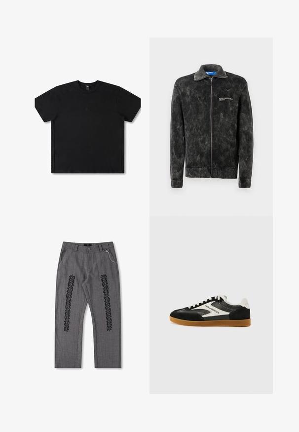 Zwarte corduroyjas met geribbeld textuur, opstaande kraag en voorrits; met het 'Karl Lagerfeld Jeans' logo op de borst.; Zwarte T-shirt met korte mouwen, gemaakt van katoen, met een ronde hals, voorzien van een subtiele logo in het midden en een relaxte pasvorm.; Grijze geruite broeken met zwarte tekstdetails langs de zijkanten, voorzien van een kettingaccent op de tailleband. Rechtingspijpen ontwerp, gemêleerd stof.; Zwart-witte low-top sneakers van suède en leer, met een gumrubberen zool en een logo detail van "Karl Lagerfeld".