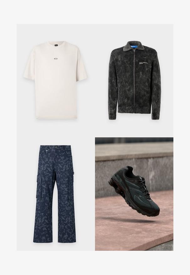 Sort fløjljakke med ribbet tekstur, stående krave og frontlynlås; har 'Karl Lagerfeld Jeans' logo på brystet.; Oakley RISE TEE - T-shirts basic - mist; Sean John SCRIPT LOGO CAMOUFLAGE - Cargobukser - blue; Sort atletisk sneaker med synligt luftdæmpende mellemsål, der svæver over en pink stenoverflade med en grå stenvæg i baggrunden.