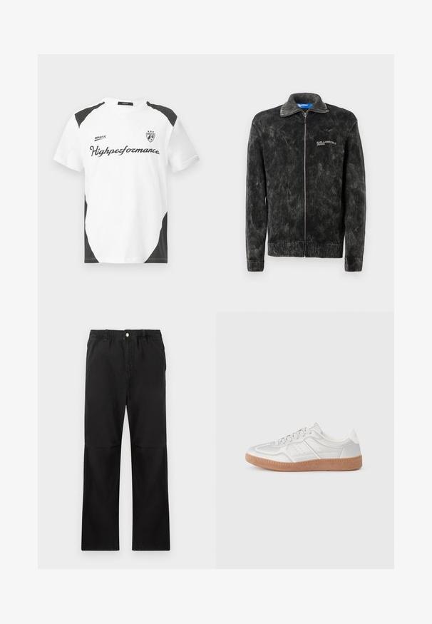 Schwarze Cordjacke mit gerippter Textur, Stehkragen und Frontreißverschluss; verfügt über das "Karl Lagerfeld Jeans"-Logo auf der Brust.; Weißes Kurzarm-T-Shirt mit schwarzen Akzenten. Verfügt über das Logo "REPLAY FC" und den Text "Highperformance" in einer sportlichen Schriftart. Hergestellt aus einem glatten Material.; Schwarze Baumwollhosen mit einem elastischen Bund, gerade geschnitten, mit glatter Textur und ohne sichtbare Akzente oder Muster.; Silberne Sneakers mit glatter Textur, Schnürdesign, durchbrochenen Akzenten und einer strukturierten braunen Gummisohle.