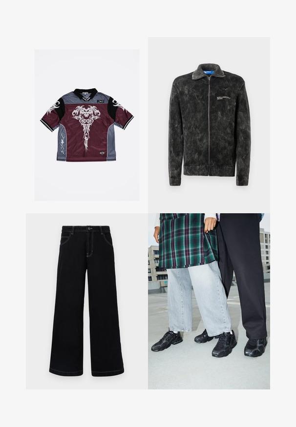 Čierna kordurová bunda s ryhovanou textúrou, stojatým golierom a predným zipsom; na hrudi je logo 'Karl Lagerfeld Jeans'.; Dres s krátkym rukávom v bordovej a sivej farbe s vertikálnymi pruhmi, zložitým bielym grafickým dizajnom, čiernym golierom a detailmi na rukávoch, logo vytlačené na spodku.; Čierne široké nohavice vyrobené z denimu, s gombíkovým zapínaním, piatimi vreckami a kontrastným bielym šitím pozdĺž švov.; Čierne športové topánky s sieťovinou a gumovými akcentmi. Nosené s svetlošedými širokými džínsami a kockovaným zeleným topom. Pozadie s plochým povrchom.