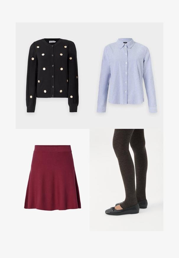 Cárdigan negro de botones con mangas largas, que presenta grandes lunares beige distribuidos uniformemente y puños y dobladillo acanalados.; Camisa de manga larga con botones, con rayas verticales blancas y azul claro y cuello puntiagudo, mostrada sobre un fondo liso.; Falda burdeos de longitud hasta la rodilla, hecha de un tejido suave y elástico; diseño acampanado con una cinturilla lisa y sin cierres ni patrones visibles.; Piernas con leggings oscuros acanalados combinados con bailarinas negras que presentan pequeños detalles de lazo sobre un fondo blanco.
