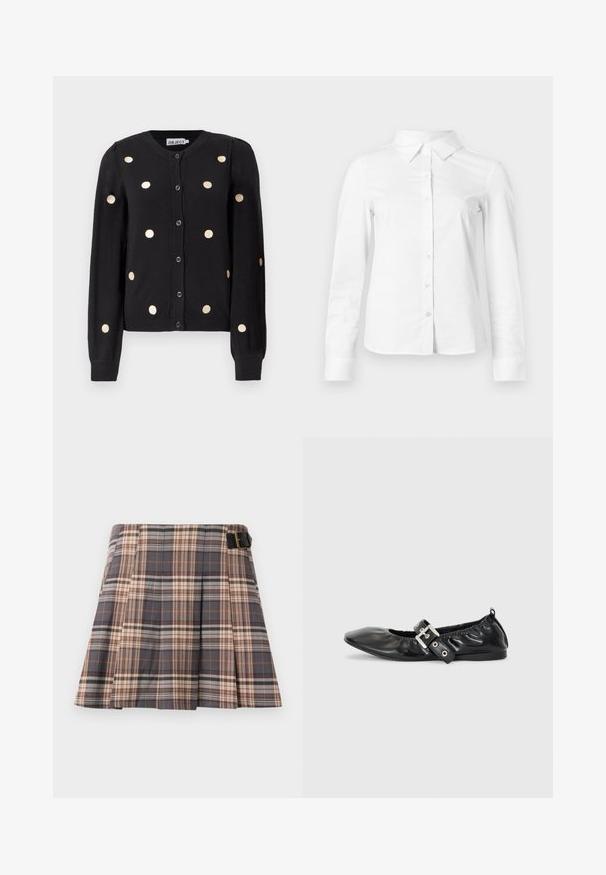 Sort, knaplukket cardigan med lange ærmer, der har jævnt fordelte store beige prikker samt ribbet manchetter og kant.; Hvid skjorte med lange ærmer, knapper, spids krave, lige kant og tætsiddende silhuet, vist på en ensartet lys baggrund.; Rutig nederdel i grå, beige og rustfarver; har plisseringer, en spænde detalje og et struktureret design. Fremstillet af et vævet stof.; Sorte læder flade sko med spids tå, samling detaljer omkring åbningen, og en sølv spænde accent på den justerbare rem.