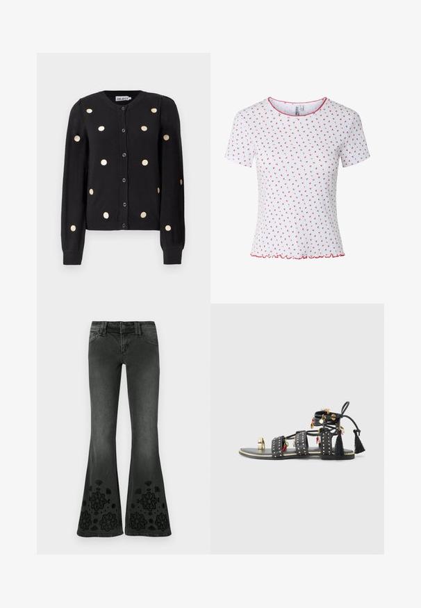 Cárdigan negro de botones con mangas largas, que presenta grandes lunares beige distribuidos uniformemente y puños y dobladillo acanalados.; Camiseta blanca de manga corta con pequeño estampado floral rojo, textura acanalada, ribete ondulado rojo en el cuello y el bajo. Sin botones ni bolsillos visibles.; Vaqueros negros acampanados con un acabado desteñido; presentan patrones florales bordados en negro en el bajo; material de mezclilla con una textura suave.; Sandalias de cuero negro con tres tiras anchas adornadas con tachuelas doradas, borlas decorativas y charms en rojo y verde. Suela plana con un acento dorado.