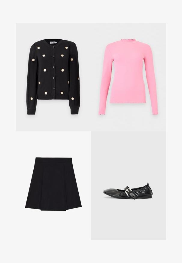 Sort, knaplukket cardigan med lange ærmer, der har jævnt fordelte store beige prikker samt ribbet manchetter og kant.; Pink langærmet ribbet top med flæsekant på krave, manchetter og kant, vist mod en ensartet lys baggrund.; Sort skater nederdel lavet af blødt stof, med en tætsiddende talje, plisseringer foran og en vidde, knælang kant.; Sorte læder flade sko med spids tå, samling detaljer omkring åbningen, og en sølv spænde accent på den justerbare rem.