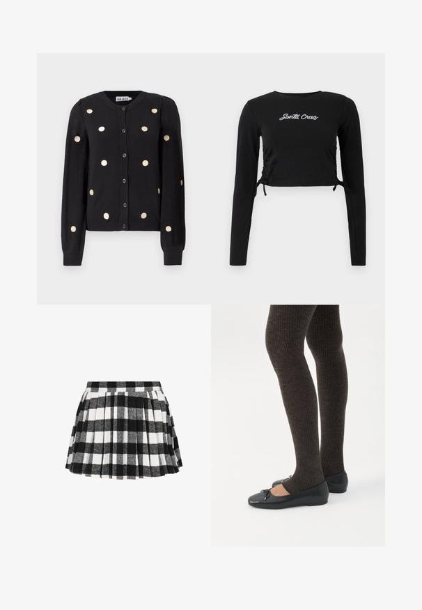 Sort, knaplukket cardigan med lange ærmer, der har jævnt fordelte store beige prikker samt ribbet manchetter og kant.; Sort langærmet cropped top med samlet side-detaljering, justerbare snore og hvid "Santa Cruz" broderi på forsiden.; Blandet sort og hvidt ternet nederdel med plisseringer, lavet af et blødt tekstilmateriale med en struktureret overflade og en tætsiddende talje.; Ben iført mørke ribbede leggings kombineret med sorte balletsko med små sløjfedetaljer på hvid baggrund.