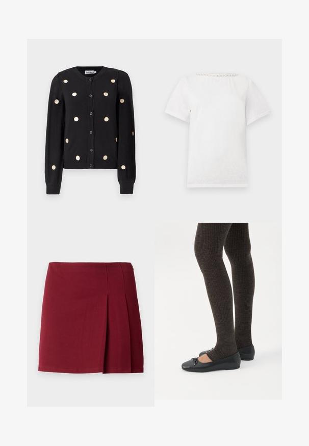 Sort, knaplukket cardigan med lange ærmer, der har jævnt fordelte store beige prikker samt ribbet manchetter og kant.; Hvid t-shirt med korte ærmer og rund halsudskæring med en række dekorative perler langs kraven.; Bordeaux plisseret miniskørt med en glat overflade, tætsiddende talje og lynlås i siden. Simple, minimalistisk design uden mønstre.; Ben iført mørke ribbede leggings kombineret med sorte balletsko med små sløjfedetaljer på hvid baggrund.