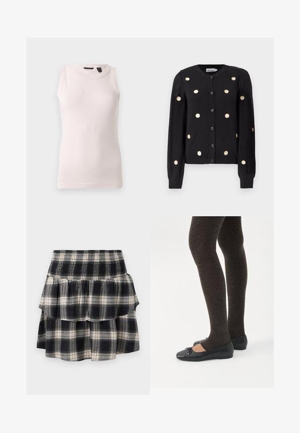 Cardigan noir à boutonnière avec manches longues, présentant de grands pois beiges espacés uniformément et des poignets et un hem côtelés.; Débardeur blanc en maille côtelée sans manches avec encolure ronde et coupe ajustée, présenté sur un fond uni gris clair.; Jupe à volants à carreaux noir et blanc avec taille smockée. Avec des couches froncées et une texture douce en coton.; Jambes portant des leggings côtelés foncés associés à des ballerines noires avec de petits détails en nœud sur fond blanc.