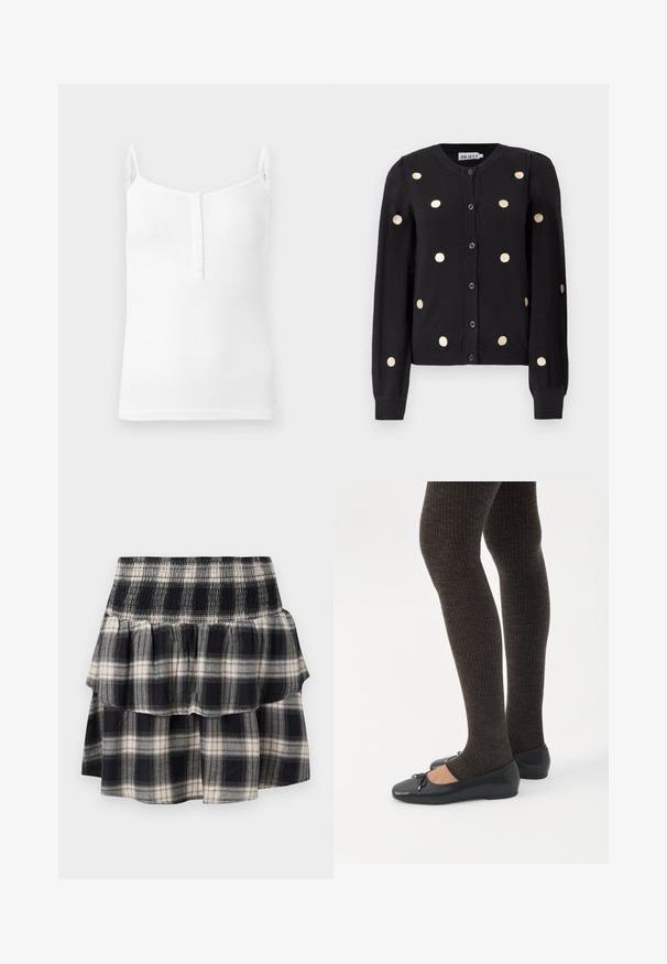 Black button-up cardigan with long sleeves, featuring evenly spaced large beige polka dots and ribbed cuffs and hem.; White ribbed tank top with thin adjustable straps and a front placket featuring small buttons, displayed on a plain background.; Black and white plaid tiered skirt with smocked waistband. Features ruffled layers and a soft cotton texture.; Legs wearing dark ribbed leggings paired with black ballet flats featuring small bow details on a white background.