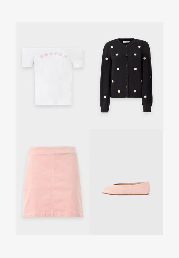 Cárdigan negro de botones con mangas largas, que presenta grandes lunares beige distribuidos uniformemente y puños y dobladillo acanalados.; Camiseta blanca sin mangas de algodón, con un patrón de corazones rosas y el texto "CUTIES" en una fuente divertida en el pecho.; Mini falda de pana rosa con una cintura ajustada y textura de costillas verticales. El dobladillo es recto y presenta un diseño simple sin decoraciones.; Bailarina de ante rosa claro con punta redondeada y diseño minimalista. Suela plana y textura suave, sin herrajes ni adornos visibles.