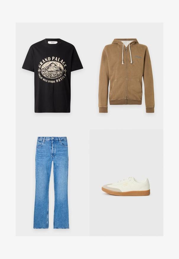 Sudadera con capucha marrón con cremallera, capucha forrada en gris, bolsillos delanteros, cordones y pequeño logo en el pecho izquierdo.; Camiseta de algodón negra con un estampado gráfico en beige de una montaña y texto que dice "Grand Palace Replay Belle Epoque Hotel". Diseño sencillo de cuello redondo.; Vaqueros azules de pierna recta hechos de mezclilla con un lavado descolorido. Presentan un cierre de botón, lazos para el cinturón y un diseño estándar de cinco bolsillos.; Zapatilla de cuero blanca con puntera beige y suela de goma marrón claro. Presenta cordones planos blancos y una marca en relieve en el lateral.