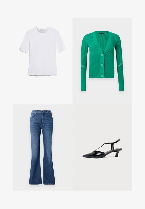 Groene geribde gebreide cardigan met lange mouwen en drie grote bijpassende knopen aan de voorkant, met een diepe V-hals.; Witte korte mouwen t-shirt van ribstof. Ronde halslijn, normale pasvorm en subtiele stiksels. Geen patronen of grafische elementen.; Blauwe flared jeans van denim, met een hoge taille, vijf zakken en een subtiel wassingpatroon bij de naden.; Zwarte lakleren lage hak slingback damesschoen met een spitse neus en een dunne band met een kleine gesp.