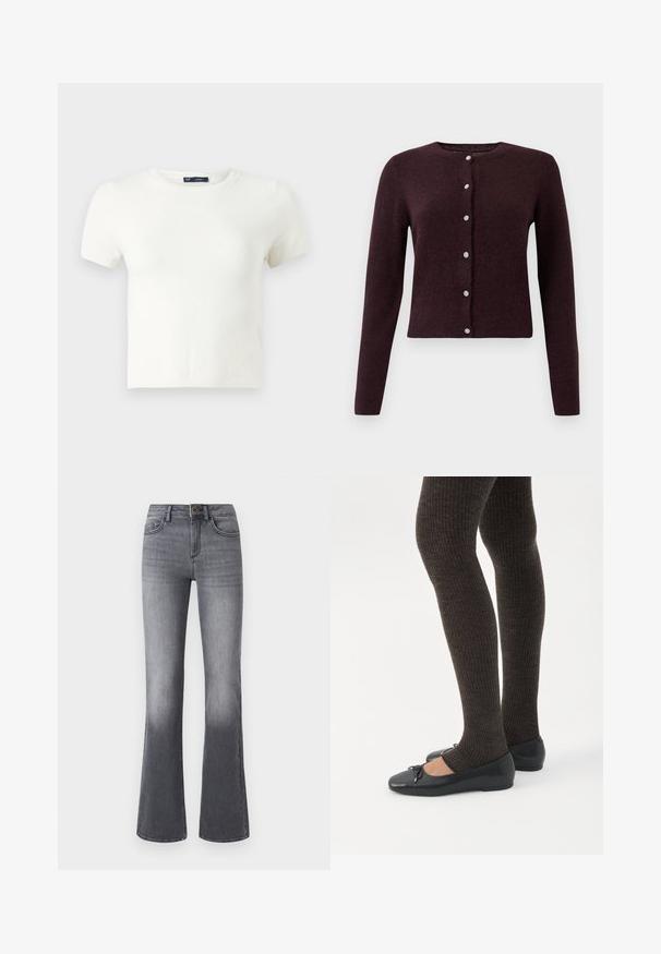 Bordeaux gebreide cardigan met een ronde halslijn, sluiting met zes doorzichtige knoppen aan de voorkant en lange mouwen. Zachte textuur.; Witte korte mouwen t-shirt gemaakt van een zachte stof. Heeft een klassiek ronde hals ontwerp en een slanke pasvorm zonder zichtbare patronen of accenten.; High-waisted flared jeans in donkergrijze denim, met voorzakken, een knoopsluiting en subtiele vervaging naar de zoom toe.; Benen met donkere geribbelde leggings gecombineerd met zwarte ballerina's met kleine strikdetails op een witte achtergrond.