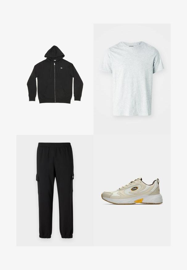 Sort hættejakke med lynlås lavet af en bomuldsblanding. Har en frontlomme, snoretræk og et lille logo på brystet. Blød tekstur.; Lys grå, kortærmet t-shirt lavet af blødt stof, med en rund hals og en let afslappet pasform. Ingen synlige mønstre eller grafik.; Sorte sweatpants med elastisk talje, indsnævrede manchetter og sidelommer. Fremstillet af blødt materiale med en glat tekstur.; Cremefarvet og lys grå sportssko med gule og brune detaljer, tekstureret overdel og en kraftig hvid sål med et brunt dækmønster.