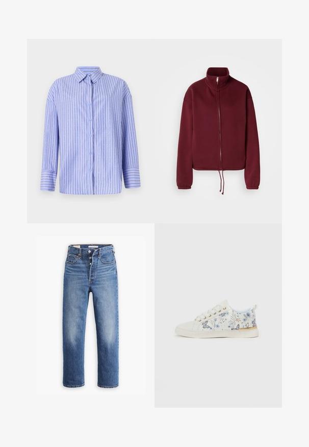 Bordeauxfarvet sweatshirt med lynlås, høj krave, lange ærmer og snørre i kanten. Har glat tekstur og elastiske ærmekanter.; Lyseblå skjorte med knaptrykning, vertikale striber og prikkede detaljer. Har krave, lange ærmer og lige snit. Blødt materiale.; Blå denim jeans med høj talje, lige ben og udtværede områder. Har forlommer og metalbeslag.; Hvide lærreds sneakers med blå blomster- og sommerfuglemønster, gyldne hardware detaljer, rund tå og hvid gummisål.