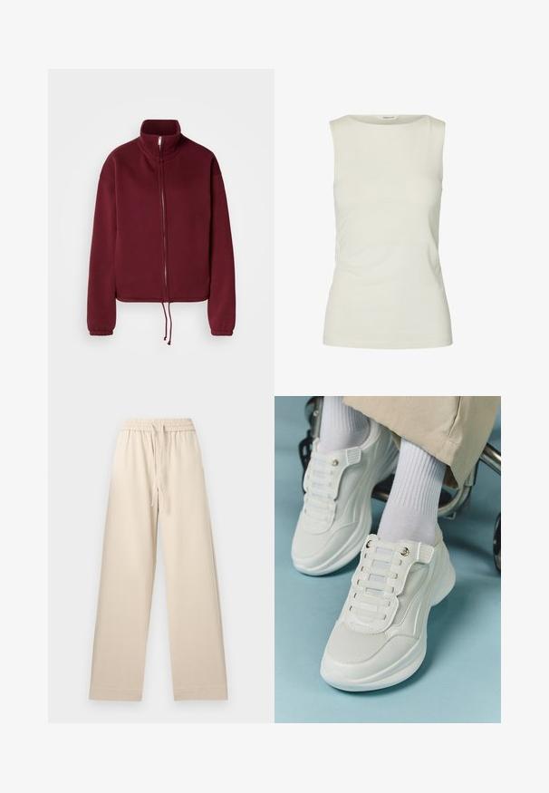 Sweat-shirt bordeaux à fermeture éclair avec un col montant, des manches longues et un ourlet à cordon de serrage. Présente une texture lisse et des poignets élastiques.; Débardeur blanc uni sans manches avec un col rond, fabriqué en tissu lisse, présenté sur fond blanc.; Pantalon beige à jambes larges avec taille élastique et cordon de serrage, ourlet droit, sans poches apparentes, présenté à plat sur un fond clair.; Baskets blanches avec un matériau en maille, semelle en caoutchouc, design sans lacets avec des bandes élastiques et accents dorés.