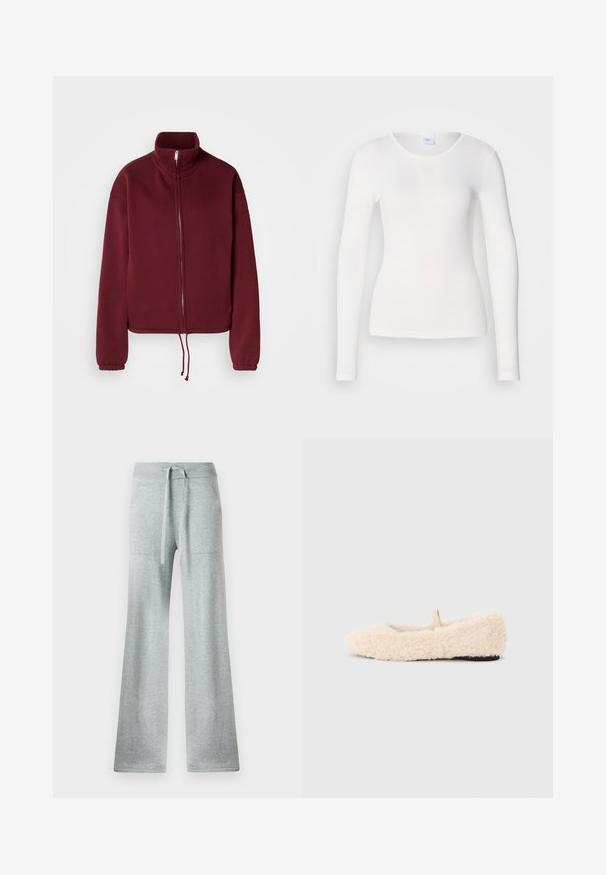 Bordeauxrode sweatvest met rits, hoge kraag, lange mouwen en trekkoordzoom. Kenmerkt zich door een gladde textuur en elastische manchetten.; Witte lange mouwen shirt gemaakt van een zachte, gladde stof; heeft een ronde halslijn en een aansluitende vorm, zonder patronen of versieringen.; Grijze flare sweatpants met een geribbelde tailleband en een trekkoord, voorzien van zijzakken en een zachte, gestructureerde stof.; Pluizig, crèmekleurig slipper met een zachte textuur, ronde neus, minimalistisch ontwerp en een klein stoffen lusje aan de achterkant voor gemakkelijk aan- en uittrekken.
