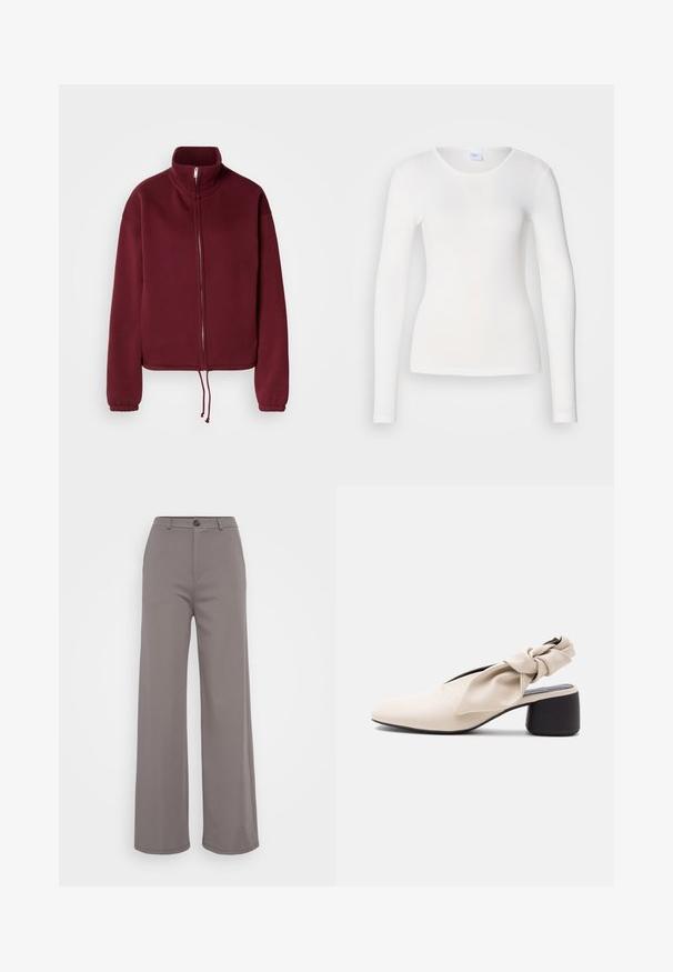 Bordeauxfarvet sweatshirt med lynlås, høj krave, lange ærmer og snørre i kanten. Har glat tekstur og elastiske ærmekanter.; Hvid langærmet skjorte lavet af et blødt, glat stof; har en rund halsudskæring og en tætsiddende facon uden mønstre eller pynt.; Bredde bukser i et blødt gråt stof. Har en knaplukning og rene sømme. Glat tekstur uden synlige mønstre eller udsmykninger.; Beige damesko med lav hæl, spids tå og en snoet remdetalje over vristen og hælen.