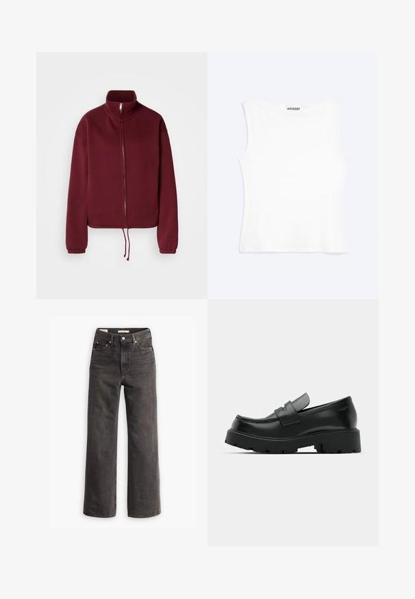 Bordeauxfarvet sweatshirt med lynlås, høj krave, lange ærmer og snørre i kanten. Har glat tekstur og elastiske ærmekanter.; Hvid tætsiddende ærmeløs tanktop med rund halsudskæring og minimalistisk design, mærket "WEEKDAY" indeni kraven.; Højtaljede, vide jeans i mørkegrå denim, med forlommer, kontrastfarvede kobbernitter og en ren finish uden pynt.; Sorte læder loafers med en chunky tekstureret sål, der har en rem over vamps og en glat, poleret finish.