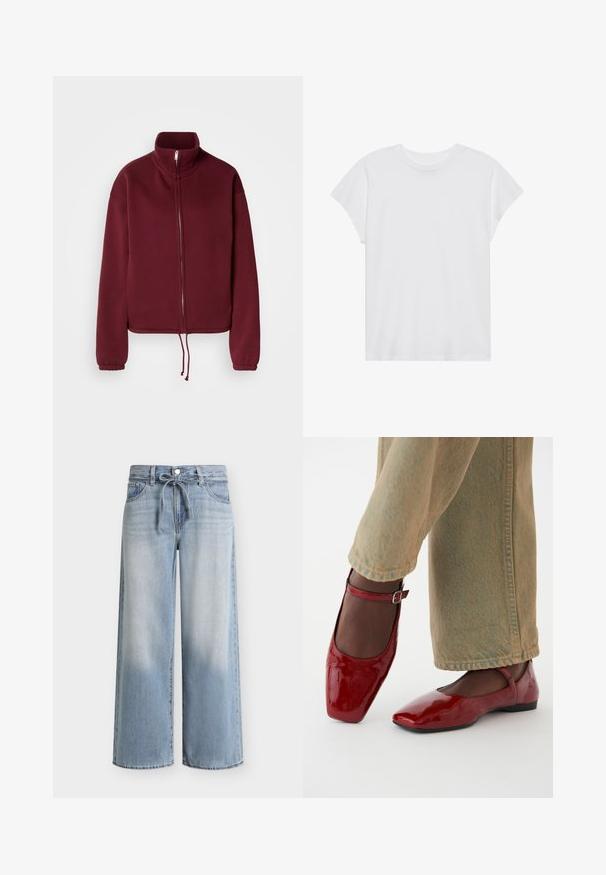 Μπλούζα με φερμουάρ burgundy, ψηλό γιακά, μακριά μανίκια και ελαστικό τελείωμα με κορδόνι. Διαθέτει λείο ύφασμα και ελαστικές μανσέτες.; Λευκό κοντομάνικο μπλουζάκι με στρογγυλή λαιμόκοψη, άνετη εφαρμογή, φτιαγμένο από μαλακό βαμβακερό ύφασμα. Λείο υλικό, χωρίς σχέδια ή λογότυπα.; Φαρδιά τζιν σε ανοιχτό γαλάζιο με ξεβάμματα στους μηρούς, μπροστινό κούμπωμα με κουμπιά και φερμουάρ, θηλιές για ζώνη και δεμένη κορδονέ ζώνη στη μέση.; Κόκκινα παπούτσια από πατενταρισμένο δέρμα με τετράγωνη μύτη, χαμηλό τακούνι και λουρί στον αστράγαλο, συνδυασμένα με ανοιχτό πράσινα τζιν φάρδους. Λείο υλικό, ανακλαστική επιφάνεια.