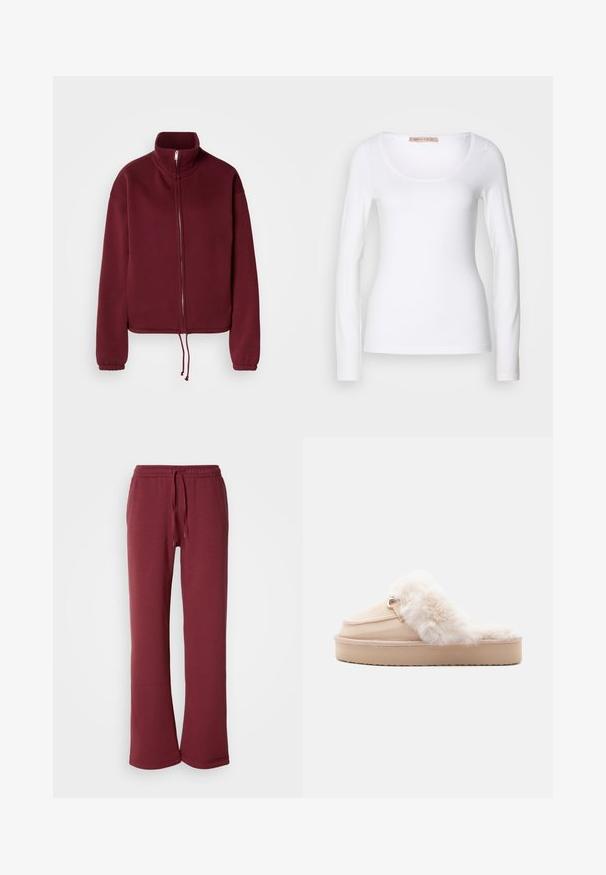 Μπλούζα με φερμουάρ burgundy, ψηλό γιακά, μακριά μανίκια και ελαστικό τελείωμα με κορδόνι. Διαθέτει λείο ύφασμα και ελαστικές μανσέτες.; Μακρυμάνικη λευκή βαμβακερή μπλούζα T-shirt με στρογγυλή λαιμόκοψη και εφαρμοστή γραμμή, με λεία υφή και χωρίς διακοσμητικά στοιχεία.; Μπορντό φόρμες από μαλακό υλικό με ελαστική μέση και κορδόνι. Διαθέτουν φαρδιές γραμμές και λεία υφή σε όλη τους την επιφάνεια.; Μπεζ παντόφλα με ψεύτικη γούνα, στρογγυλή μύτη, διακοσμητική ραφή και υφασμάτινη σόλα για πρόσφυση. Διέθετει χρυσό τόνο αξεσουάρ.