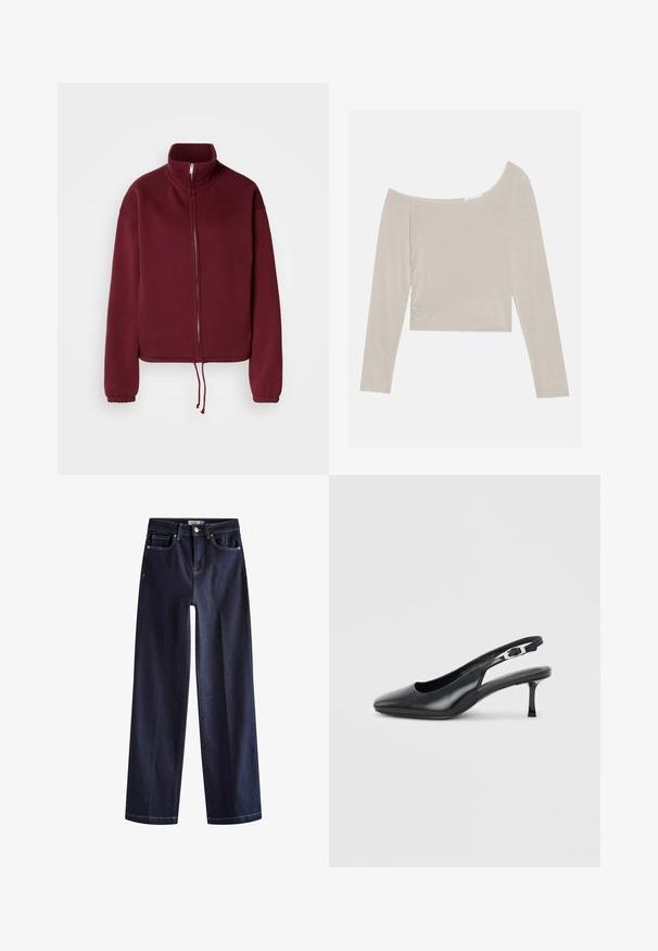 Bordeauxfarvet sweatshirt med lynlås, høj krave, lange ærmer og snørre i kanten. Har glat tekstur og elastiske ærmekanter.; Lys beige langærmet top med off-the-shoulder halsudskæring, rynkede detaljer på siden og en blød, glat tekstur.; Next Jeans Straight Leg - rinse blue; Sort læder slingback-sko med spids snude, lav, slank kittenhæl og justerbar spænde på en ensfarvet lys baggrund.