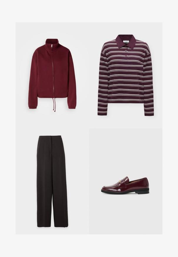 Bordeauxfarvet sweatshirt med lynlås, høj krave, lange ærmer og snørre i kanten. Har glat tekstur og elastiske ærmekanter.; Langærmet vinrød poloshirt med hvide horisontale striber og tre knapper foran, vist på en ensfarvet baggrund.; Sorte vidde bukser med høj talje, med flad front og skjult lukning, vist mod en ensfarvet lys baggrund.; Burgunderfarvede patentlæder loafers med en rund tå, der har et dekorativt bånd og guldaccent, sat på en sort gummisål.